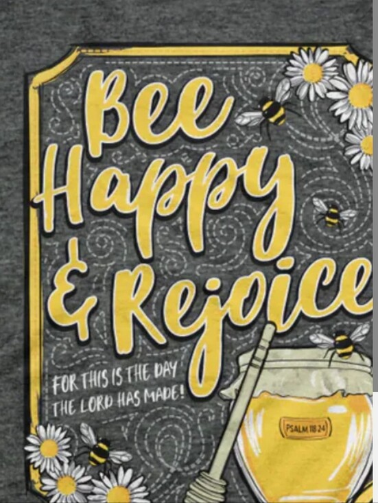 Cherished Girl Tops - Womans 'Bee Happy & Rejoice' Graphic Tee - Dark Gray & Yellow